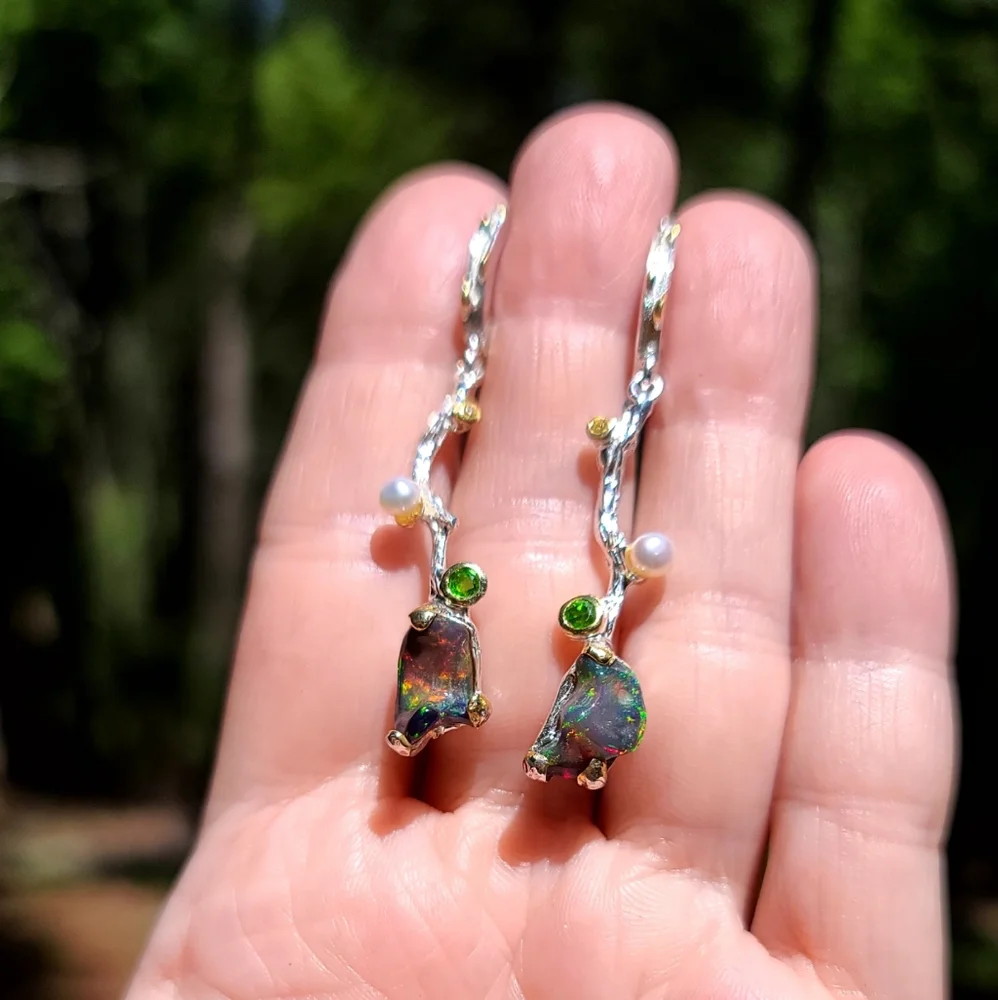 RAW black Opal chrome Diopside pearl & citrine sterling vine earrings - Picture 1 of 13